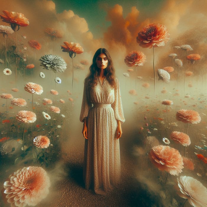 Surreal Portrait of Middle-Eastern Woman in Vintage Flower Field