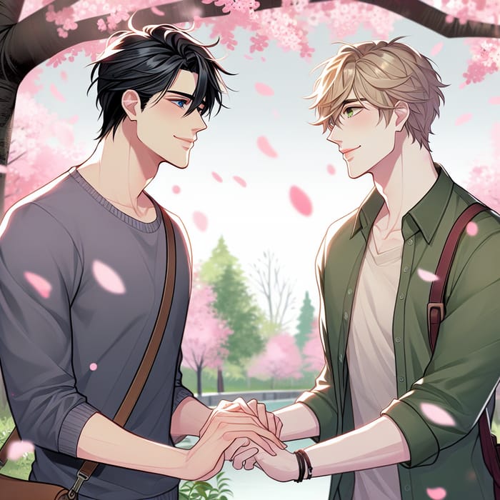 Yaoi Romantic Scene in Park: Black & Blue vs. Blonde & Green Eyes