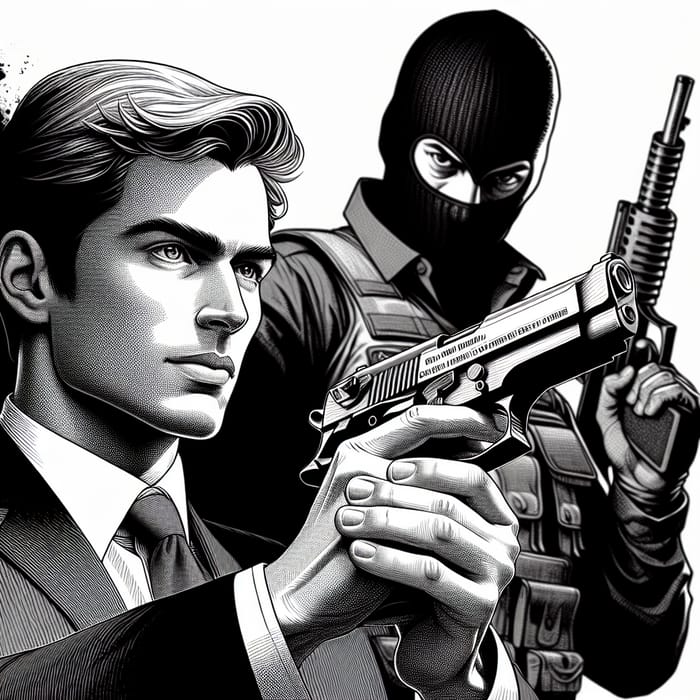 Captivating Manga Art: Gun-Wielding Figure in Balaclava