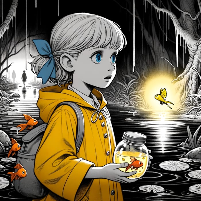 Adventure of an 11-Year-Old Girl with Blue Eyes in Monochrome Swamp