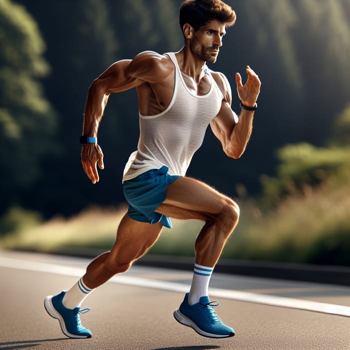 Determined Hispanic Man Running Outdoors