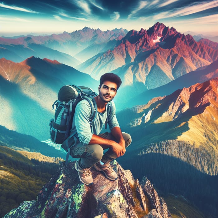 Youthful Middle-Eastern Male on Majestic Mountain Peak