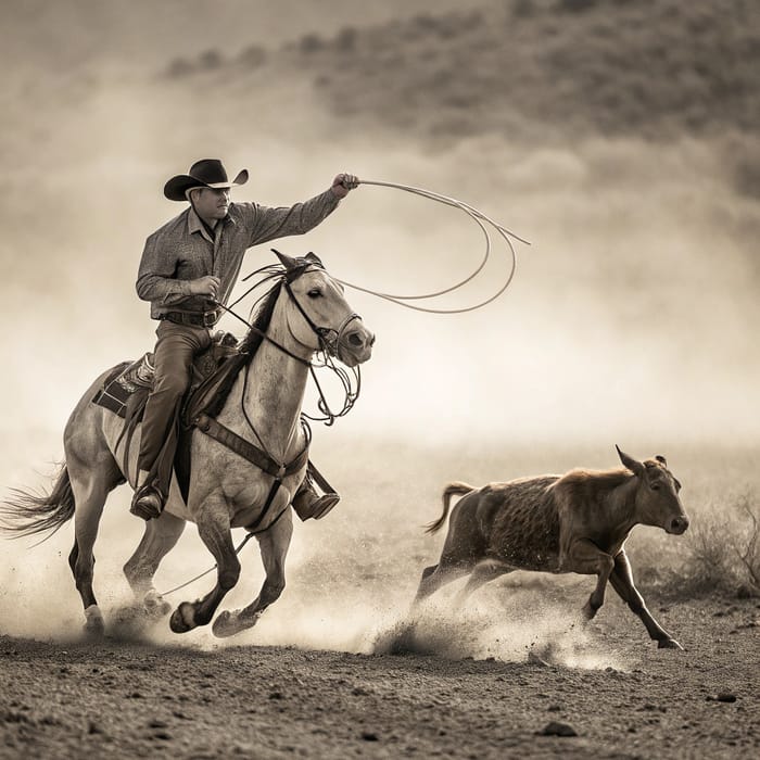 Cowboy Roping a Calf at Full Speed