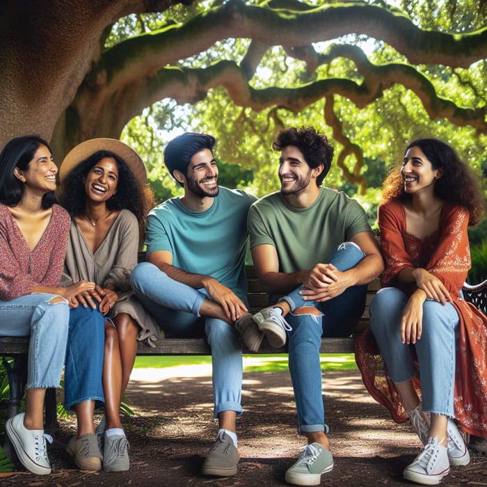 Friends Gathering under Oak Tree in Lush Park