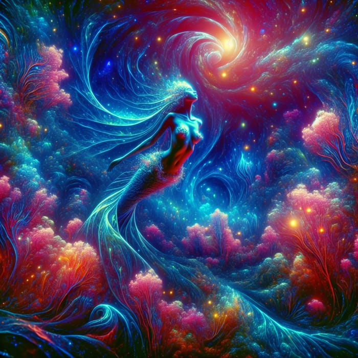 Neon Underwater Fantasy: Mermaid in Vibrant Coral Reef