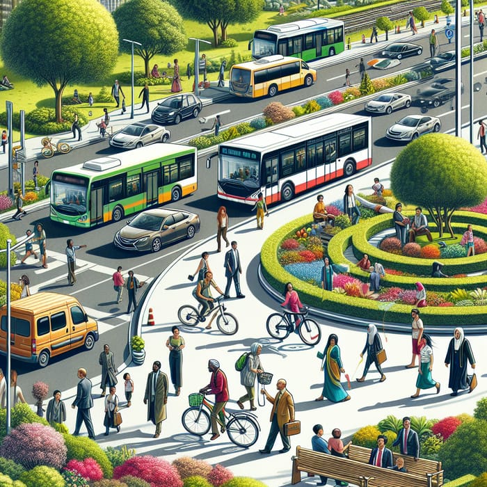 Diverse Urban Transportation Hub with Greenery