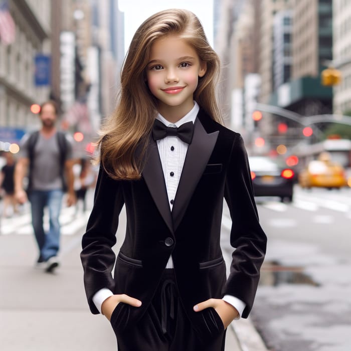 13-Year-Old Girl Smiling in Tuxedo with NYC Backdrop