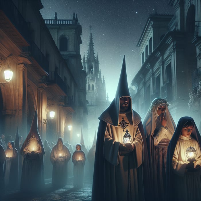 Semana Santa Procession: Diverse Participants in Historic City Night