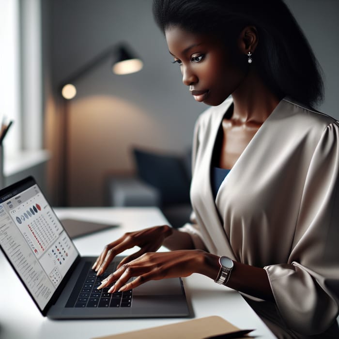 Focused Ebony Woman Typing on Laptop in Modern Workspace