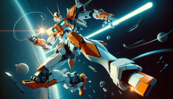 Dynamic Gundam in Space - Vibrant & Action-Packed Composition