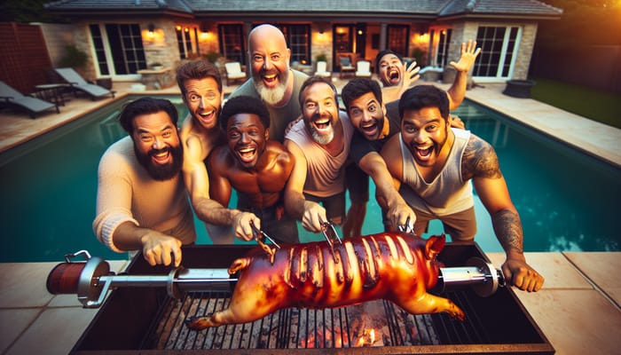 Vibrant Festive BBQ: Men Roasting Whole Pig by Pool