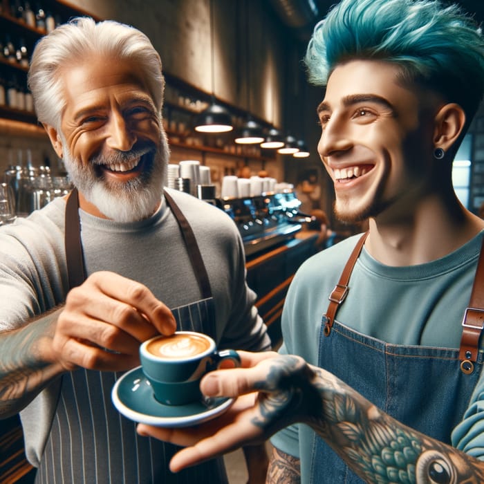 Cheerful Barista Serving Espresso to Customer in Evening Cafe