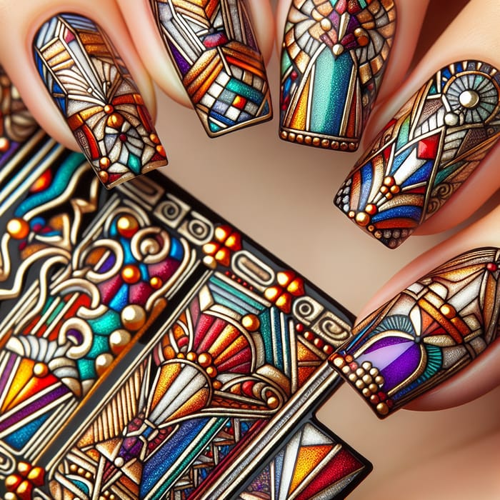 Macro Shot of Art Deco Nail Art | Geometric Design & Vibrant Colors