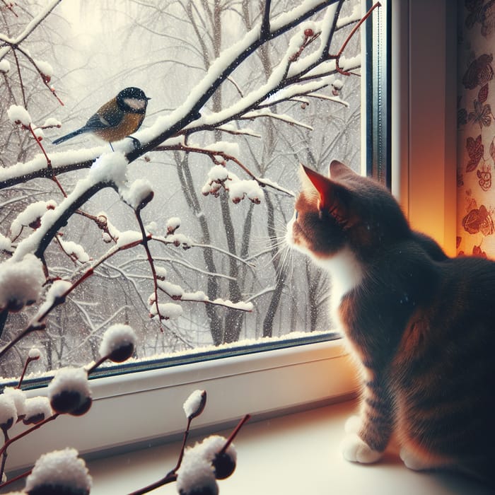 Cat Watching Bird Through Winter Window