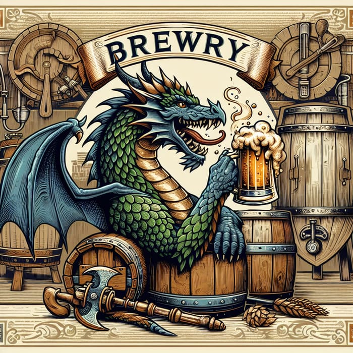 Dragon Brewery Coat of Arms with a Beer-Drinking Dragon