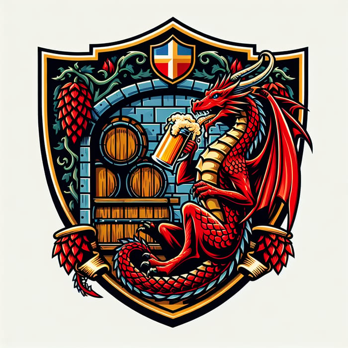 Brewery Coat of Arms with Red Cellar Dragon Enjoying Beer