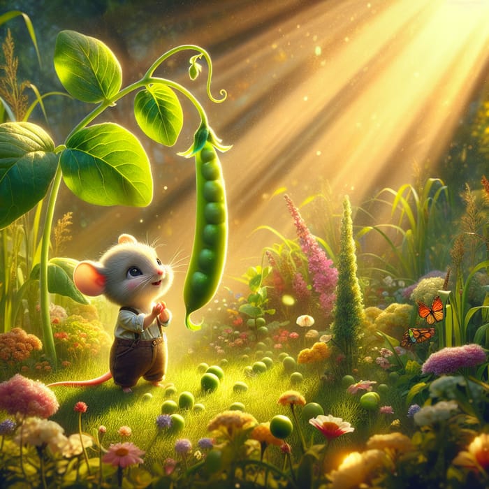 Cute Mouse Kid in a Sunlit Garden with Giant Pea Plant