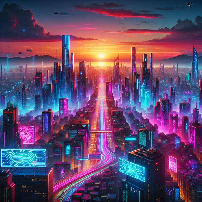 Vibrant Neon Cyberpunk Cityscape at Sunset