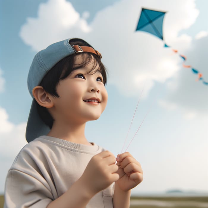 Happy Korean Boy Flying Kite Outdoors