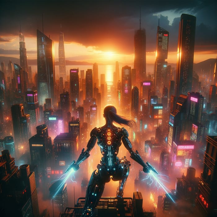 Futuristic Cyberpunk Cityscape: Female Cyborg Battle Scene