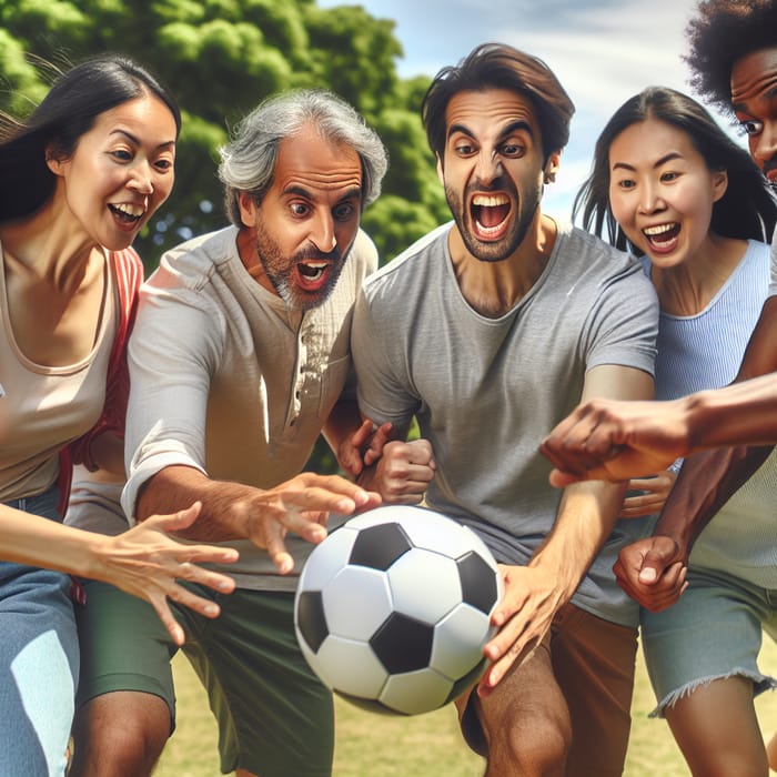 Group of 5 People Playing Ball Together in Park