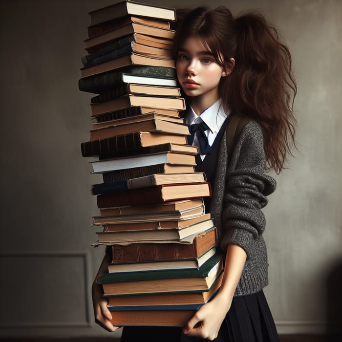 Young Girl Carrying Impressive Stack of Books - Hermione Granger