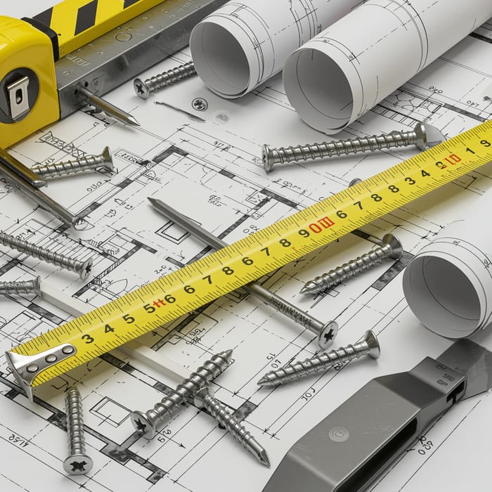 Stylized Home Blueprint with Construction Elements Stylized Home Blueprint with Construction Elements