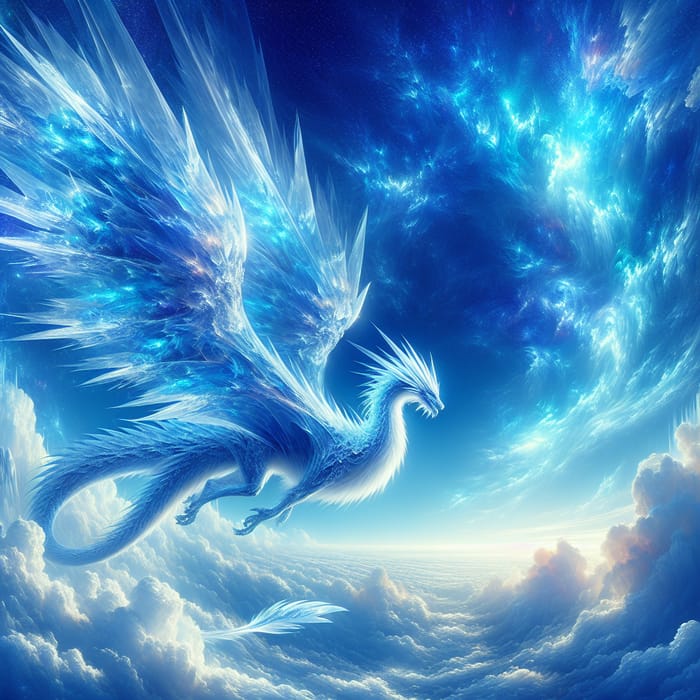 Majestic Ice Dragon Soaring in Azure Sky