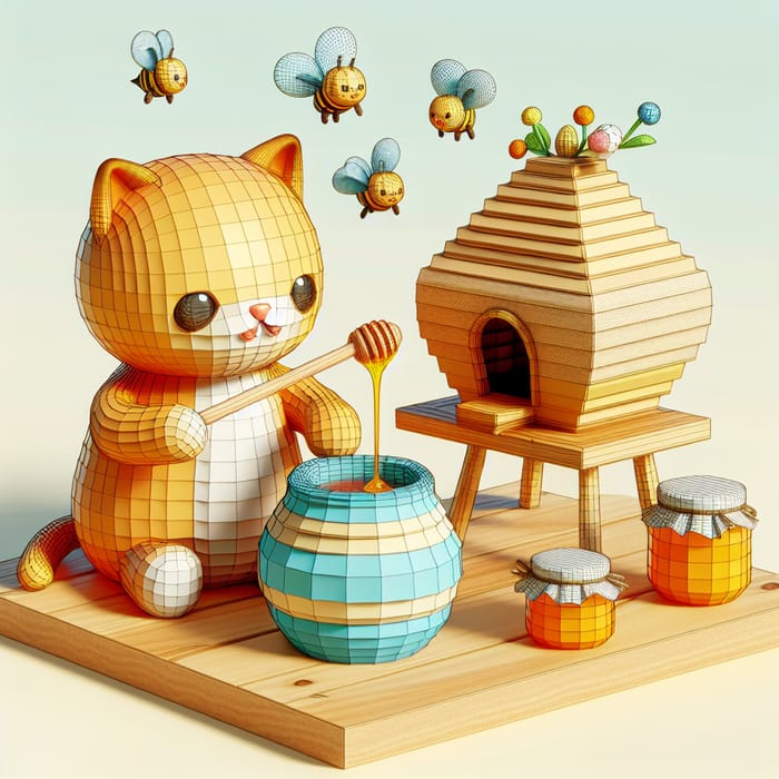 3D Cat Eating Honey Beside Beehive