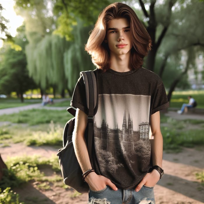 Stylish Teenager with Long Brown Hair in Serene Park Setting