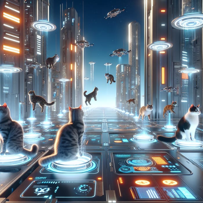 Futuristic Cats in Advanced High-Tech Environment