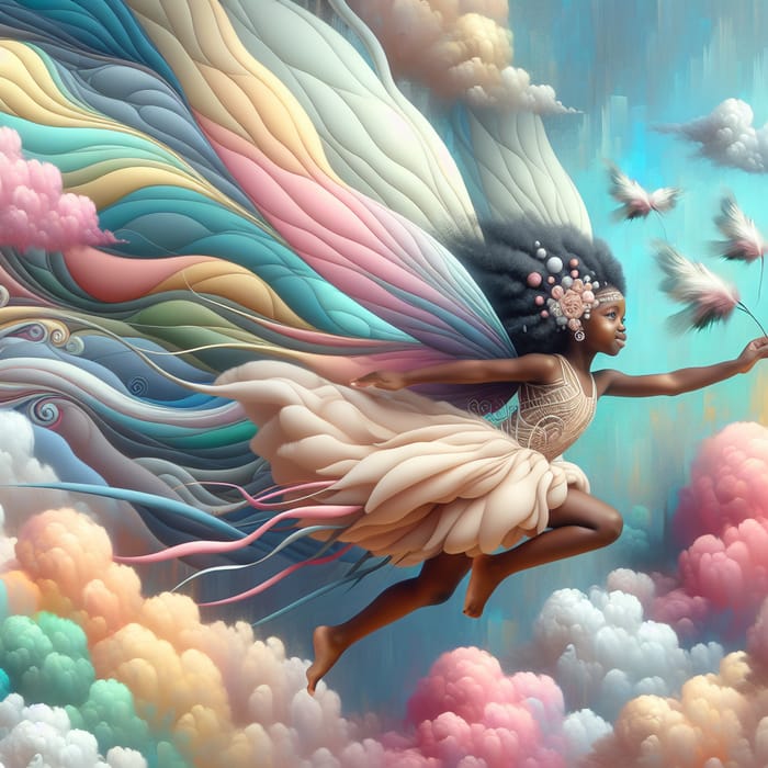 African Princess Child Fairy in Dreamy Pastel-Colored Sky