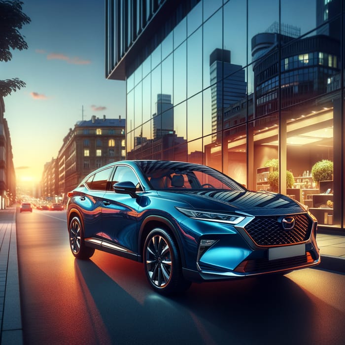 Stylish and Modern Car in Vibrant Color on Well-Lit Street at Dusk