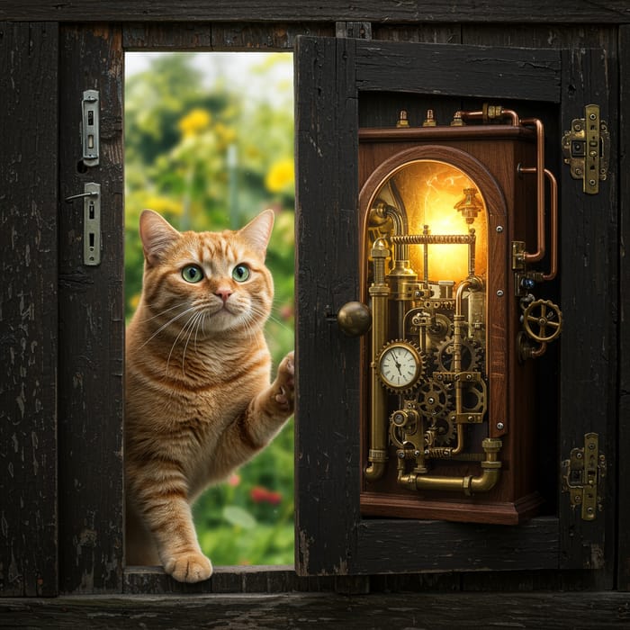 Adventure Awaits: Cat Discovers Steampunk Portal