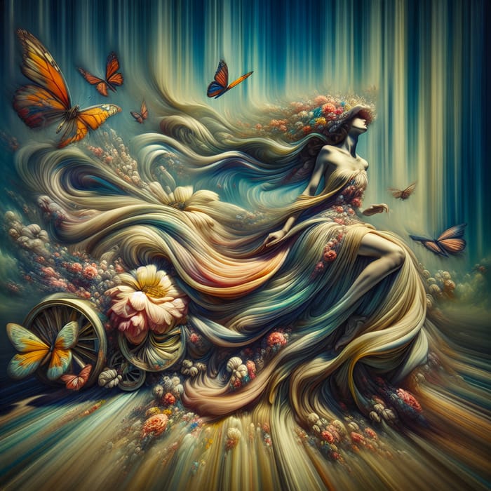 Ethereal Beauty: Woman in Flowing Gown surrounded by Flowers and Butterflies