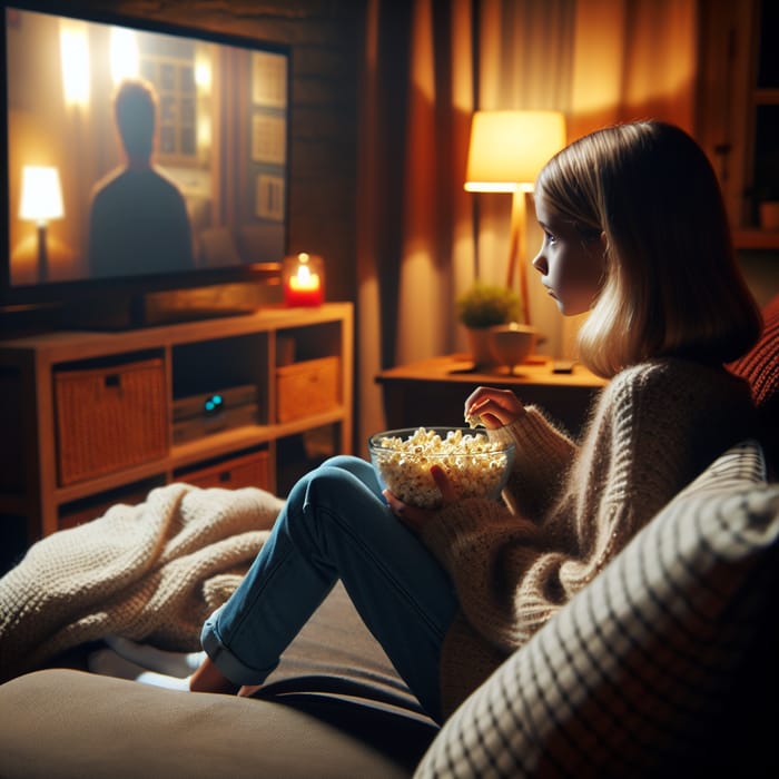 Girl Watching a Series in Cozy Living Room