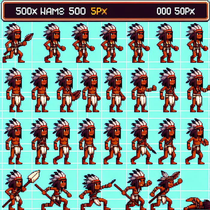 Brazilian Indigenous Warrior Pixel Art Sprite Sheet - Cartoon Character Design