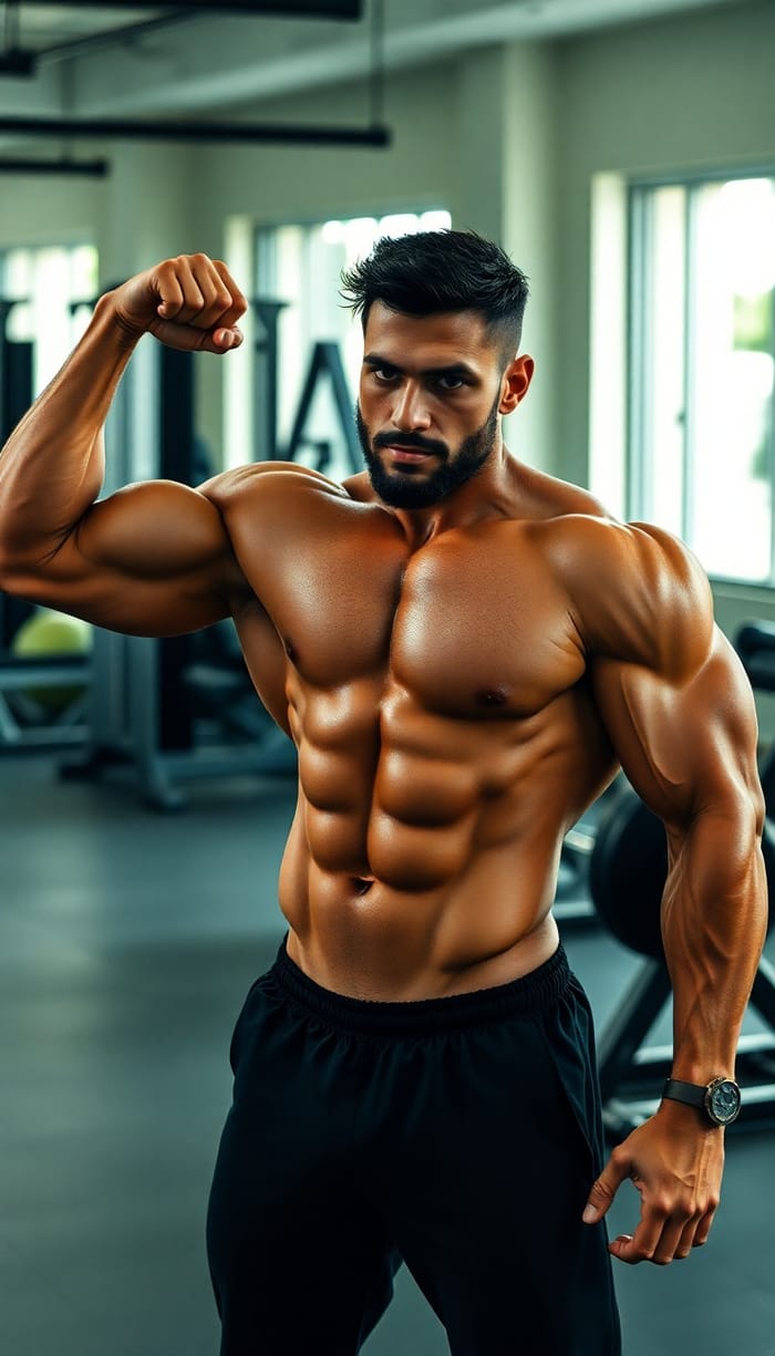 Muscular Person Flexing in Gym Setting