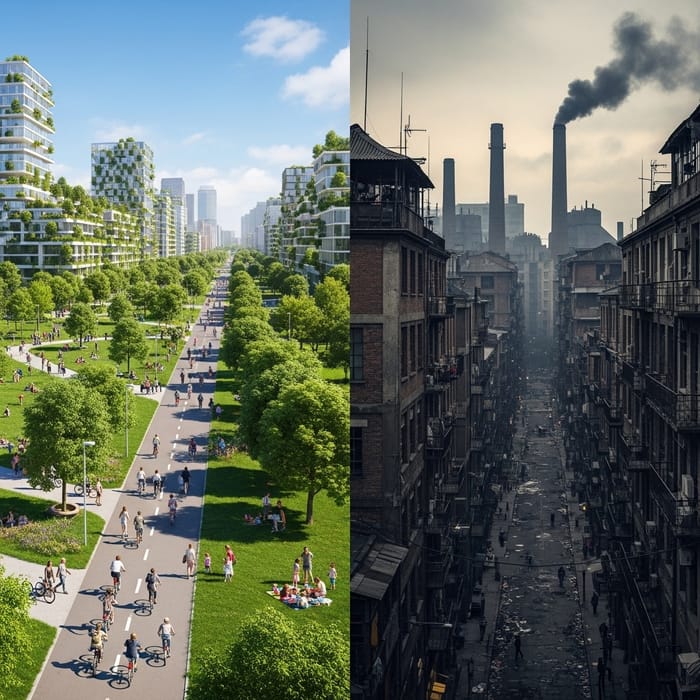 Stark Contrast: Green City vs. Industrial Town