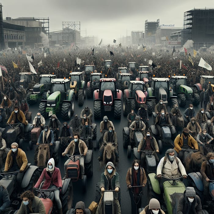 Angry Farmers' Protest with Tractors and Masked Participants in Dystopian Scene