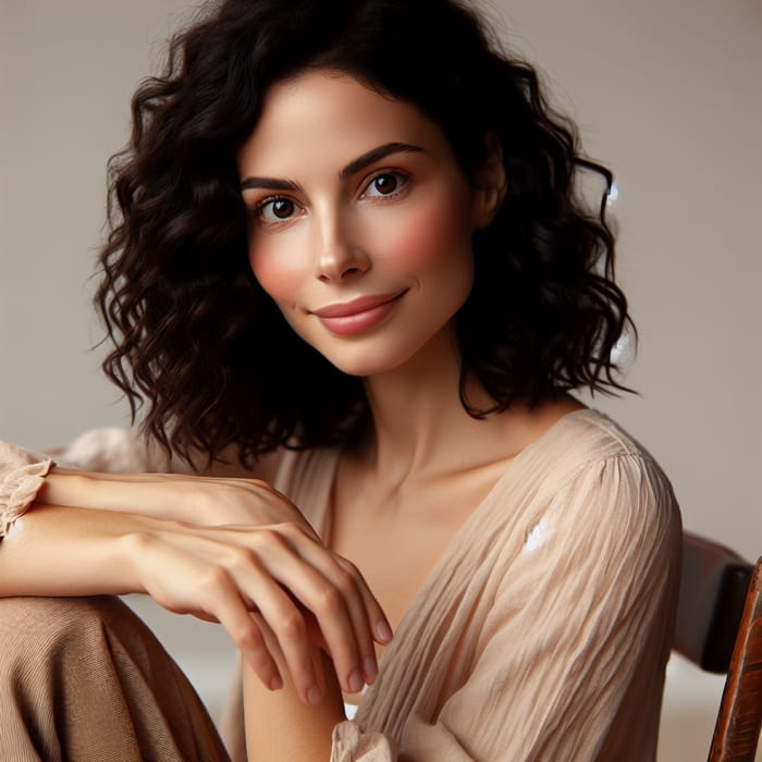 Female with Light Peach Skin and Brown Eyes Sitting on Chair