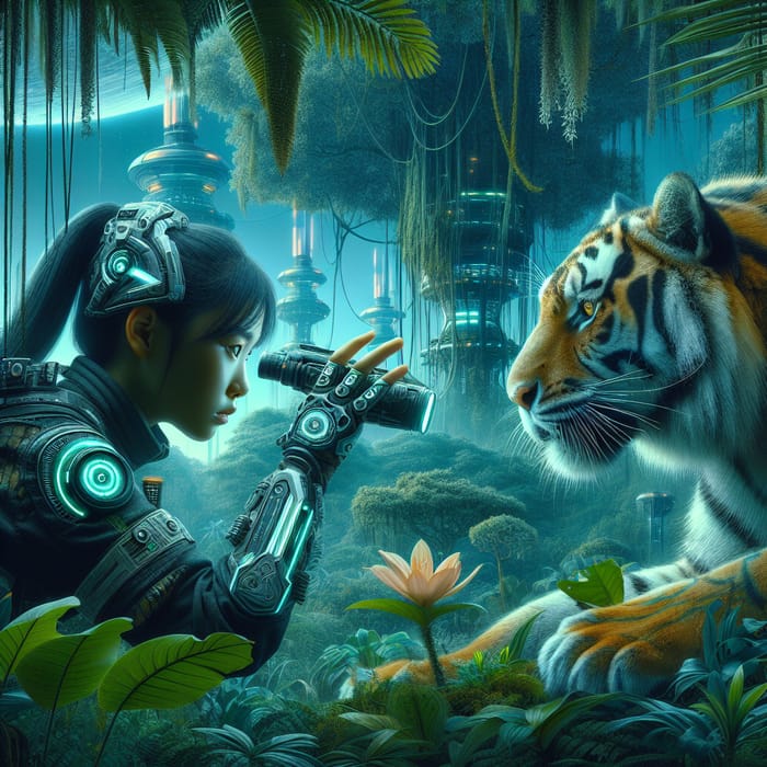 Thrilling Sci-Fi Encounter: Asian Girl with Bengal Tiger in Exotic Jungle