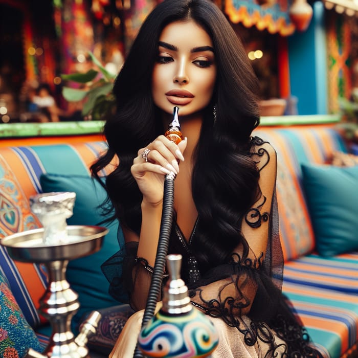 Beautiful South Asian Woman Enjoying Shisha in Colorful Restaurant