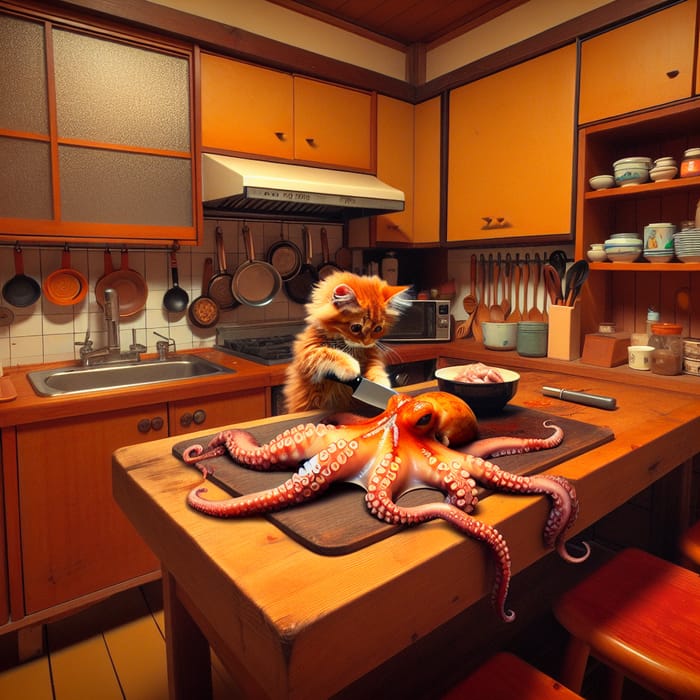 Humorous Cat Cooking Octopus in Japanese Kitchen