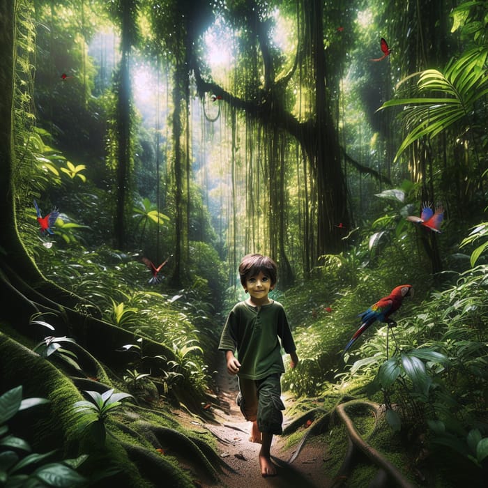 Boy Walking Through Lush Jungle Wilderness