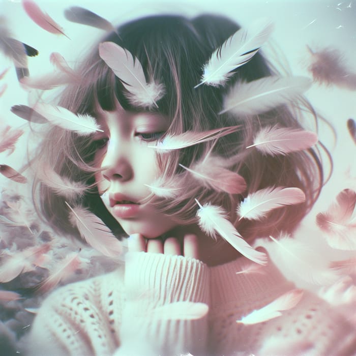 Ethereal Portrait of Girl with Floating Feathers