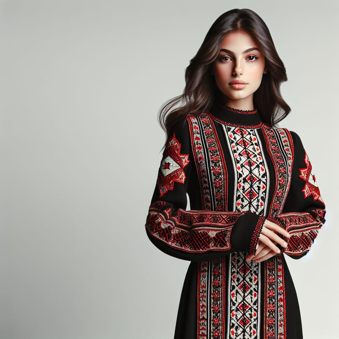 Palestinian Woman in Traditional Black Dress with Red Cross Stitching