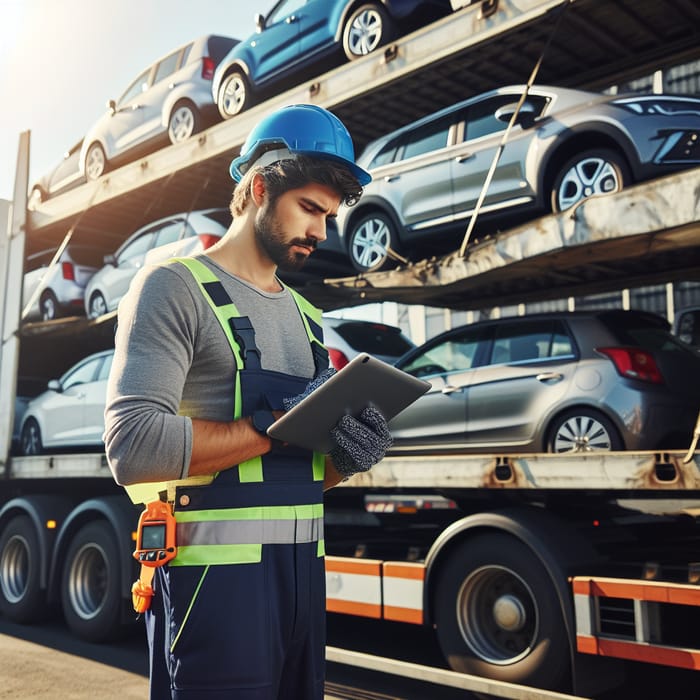 Car Carrier Man at Work: Industrial Zone Scene