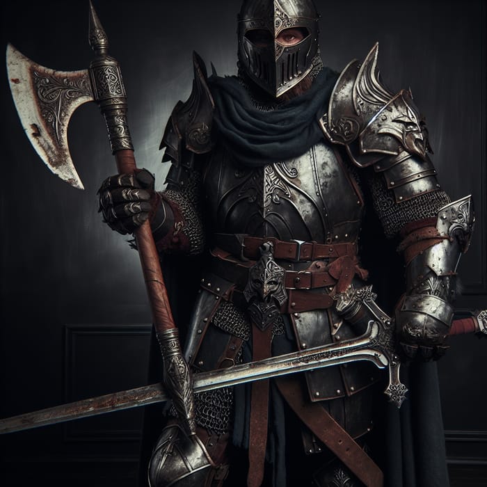 Heavy Armored Warrior with Sword and Axe