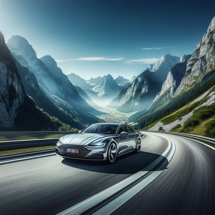 Sleek Silver Car Racing on Scenic Mountain Road